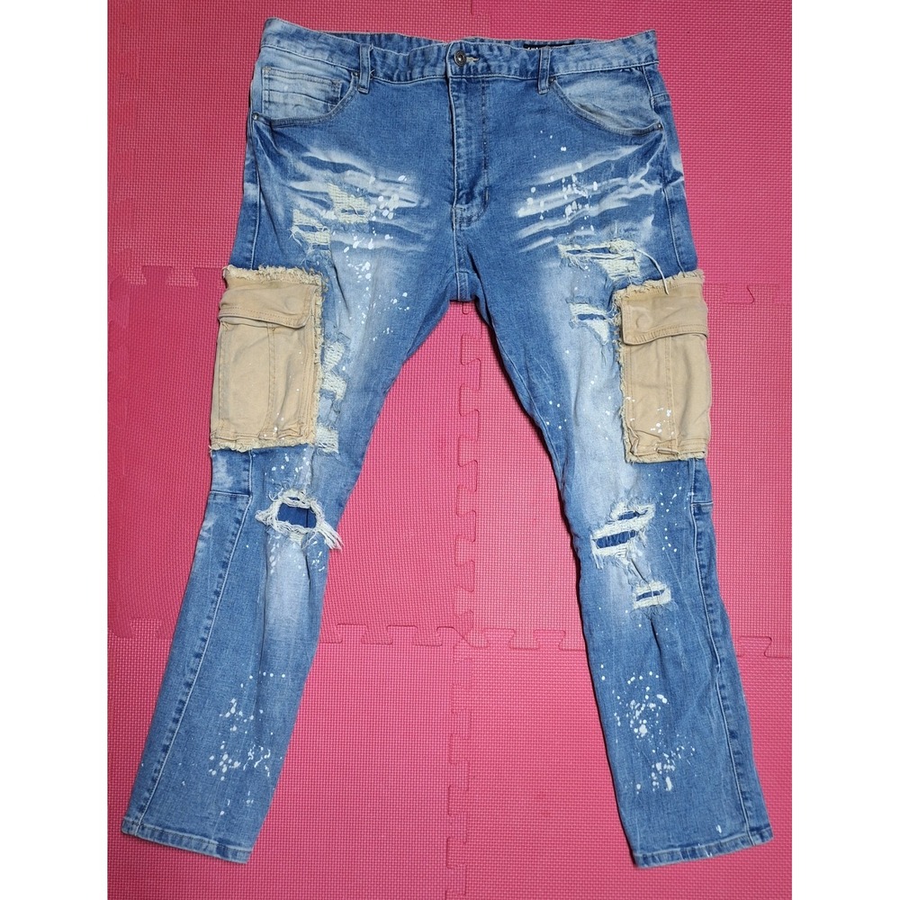 Smoke Rise Utility Cargo Jeans Distressed Denim Slim Tapered Fit Tan Size 42x32